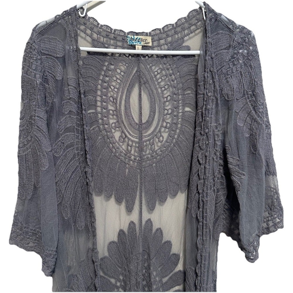 Rebellion Again Women's Lace Swimsuit Cover Up Boho Open Front Sz Large Grey - Picture 2 of 4